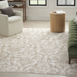 Homeroots 8' X 10' Beige And Ivory Damask Distressed Non Skid Area Rug  Polypropylene 550911