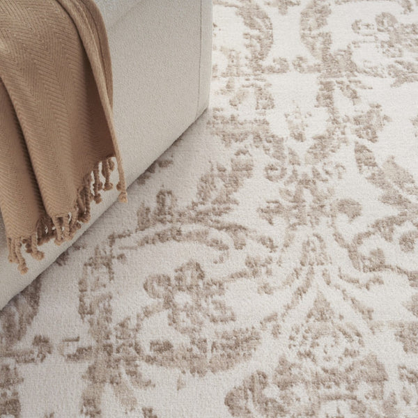 HomeRoots 8' Elegant Beige and Ivory Damask Distressed Area Rug for Timeless Living Room Style and Comfort 8' X 10' 550911