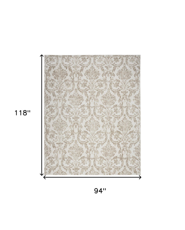 Homeroots 8' X 10' Beige And Ivory Damask Distressed Non Skid Area Rug  Polypropylene 550911