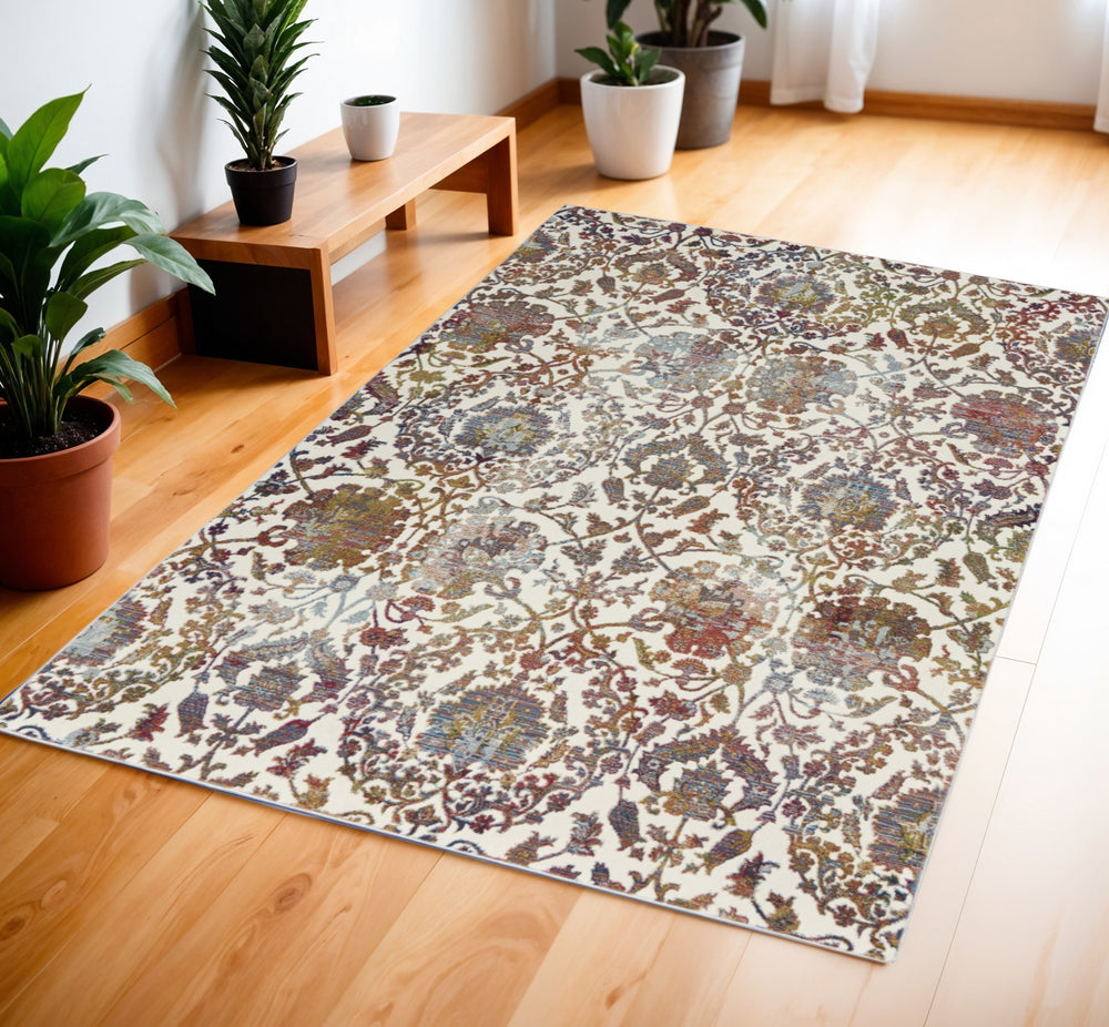 Homeroots 4' X 6' White And Golden Brown Floral Distressed Non Skid Area Rug  Polypropylene,Polyester 550915