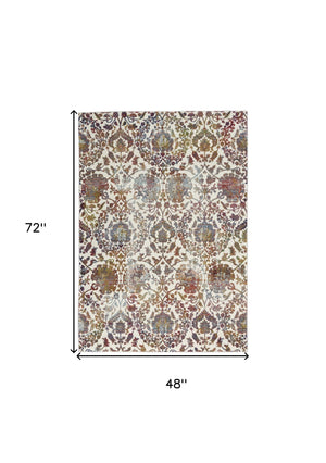 Homeroots 4' X 6' White And Golden Brown Floral Distressed Non Skid Area Rug  Polypropylene,Polyester 550915