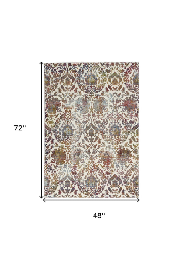 Homeroots 4' X 6' White And Golden Brown Floral Distressed Non Skid Area Rug  Polypropylene,Polyester 550915