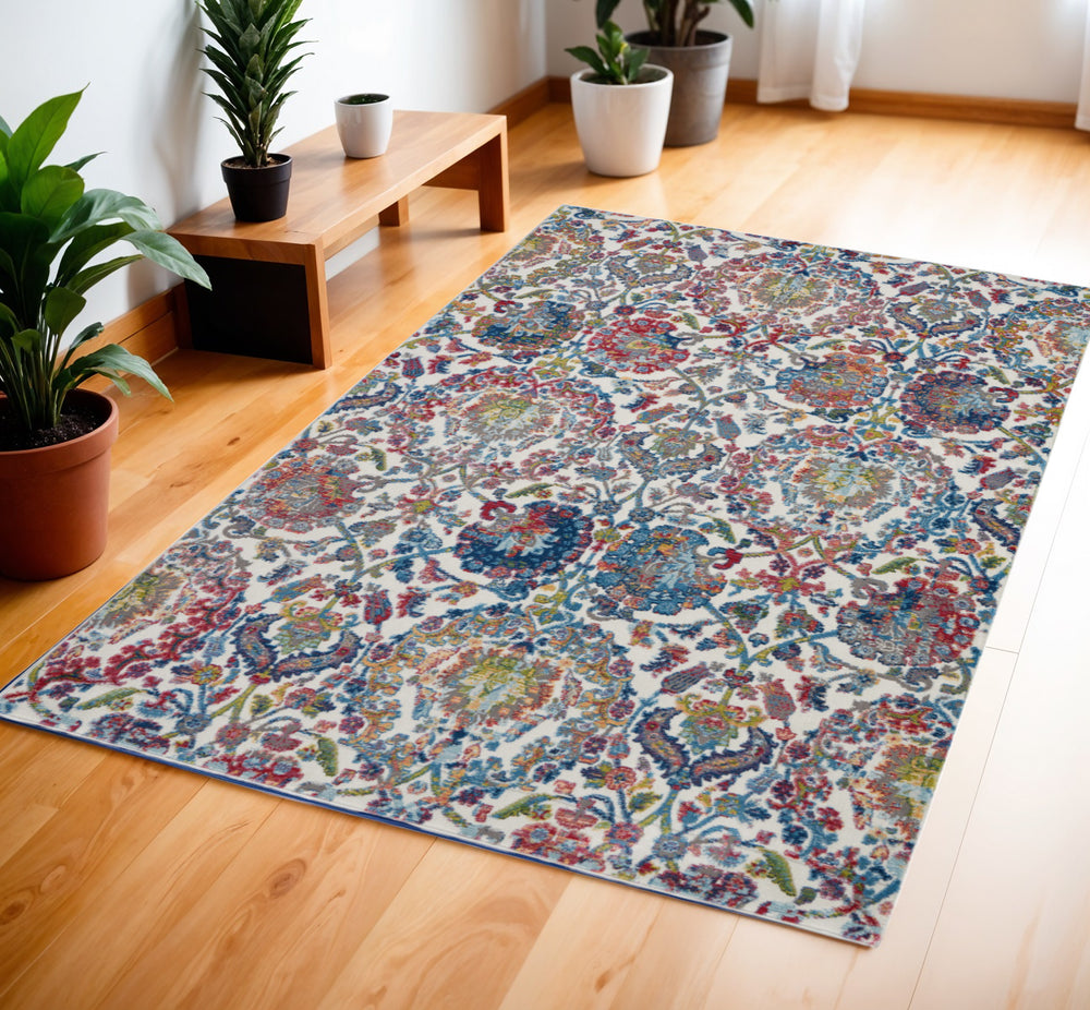 Homeroots 4' X 6' Ivory Blue And Red Floral Distressed Non Skid Area Rug  Polypropylene,Polyester 550916