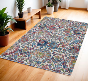 Homeroots 4' X 6' Ivory Blue And Red Floral Distressed Non Skid Area Rug  Polypropylene,Polyester 550916