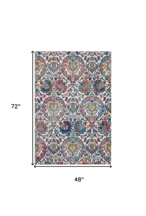 Homeroots 4' X 6' Ivory Blue And Red Floral Distressed Non Skid Area Rug  Polypropylene,Polyester 550916