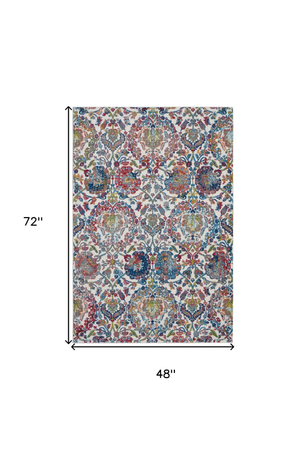 Homeroots 4' X 6' Ivory Blue And Red Floral Distressed Non Skid Area Rug  Polypropylene,Polyester 550916