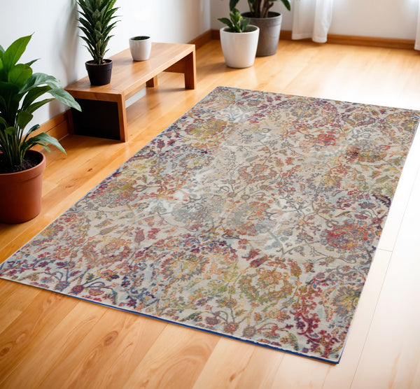 Homeroots 4' X 6' Ivory Gray And Orange Floral Distressed Non Skid Area Rug  Polypropylene,Polyester 550917