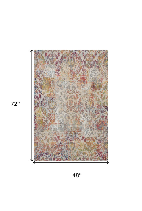 Homeroots 4' X 6' Ivory Gray And Orange Floral Distressed Non Skid Area Rug  Polypropylene,Polyester 550917