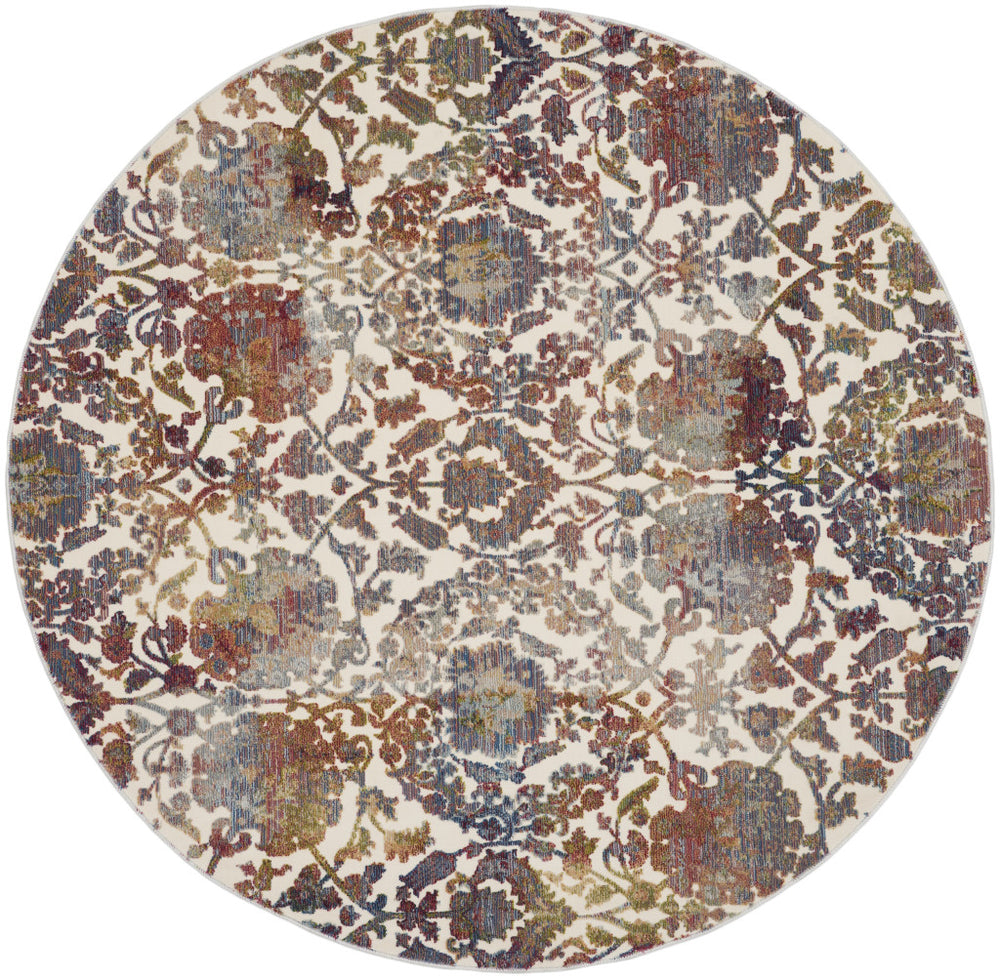 Homeroots 6' White And Golden Brown Floral Distressed Non Skid Round Rug  Polypropylene,Polyester 550918
