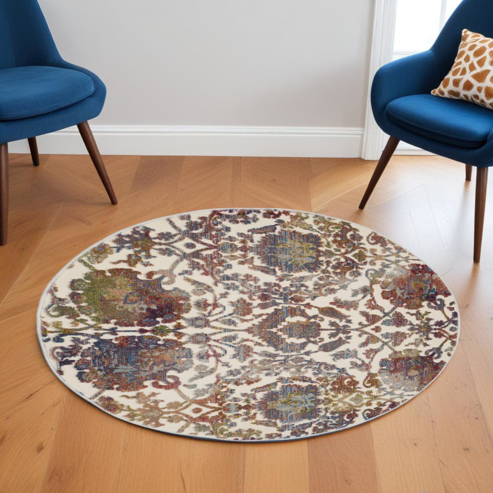 Homeroots 6' White And Golden Brown Floral Distressed Non Skid Round Rug  Polypropylene,Polyester 550918