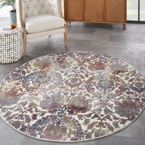 Homeroots 6' White And Golden Brown Floral Distressed Non Skid Round Rug  Polypropylene,Polyester 550918