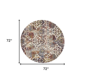 Homeroots 6' White And Golden Brown Floral Distressed Non Skid Round Rug  Polypropylene,Polyester 550918
