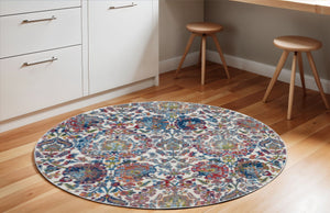 Homeroots 6' Ivory Blue And Gray Floral Distressed Non Skid Round Rug  Polypropylene,Polyester 550919