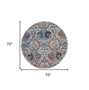 Homeroots 6' Ivory Blue And Gray Floral Distressed Non Skid Round Rug  Polypropylene,Polyester 550919