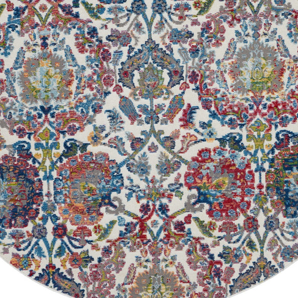 Homeroots 6' Ivory Blue And Gray Floral Distressed Non Skid Round Rug  Polypropylene,Polyester 550919