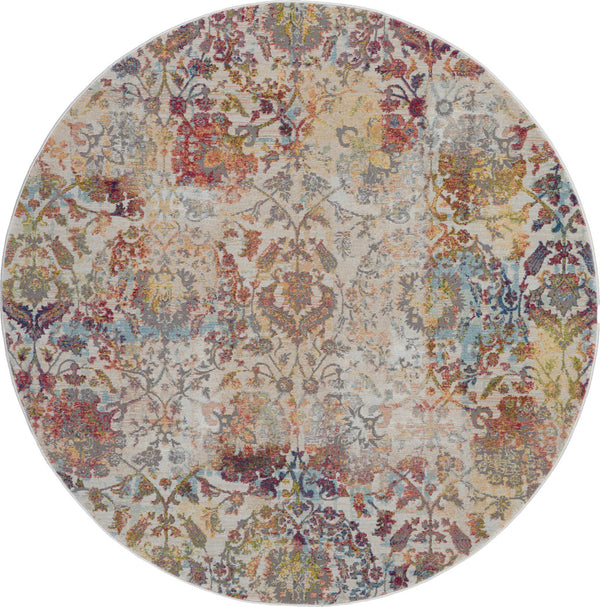 Homeroots 6' Ivory Gray And Orange Floral Distressed Non Skid Round Rug  Polypropylene,Polyester 550920