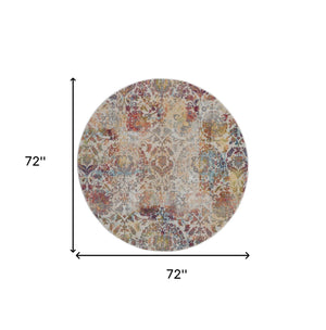 Homeroots 6' Ivory Gray And Orange Floral Distressed Non Skid Round Rug  Polypropylene,Polyester 550920