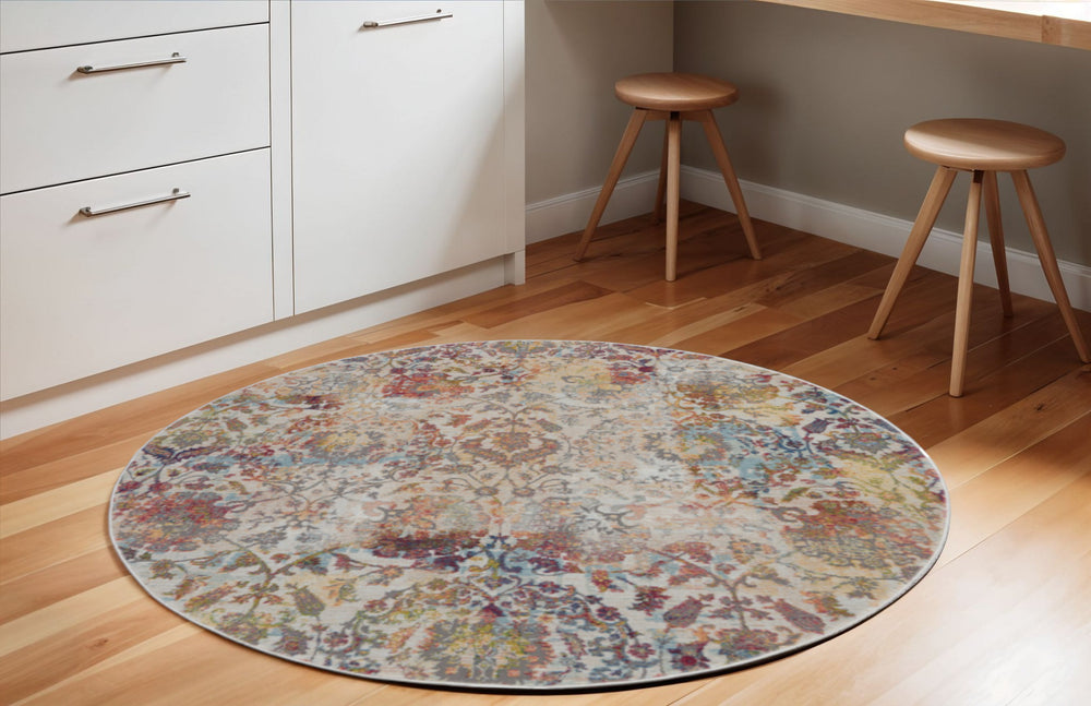 Homeroots 6' Ivory Gray And Orange Floral Distressed Non Skid Round Rug  Polypropylene,Polyester 550920