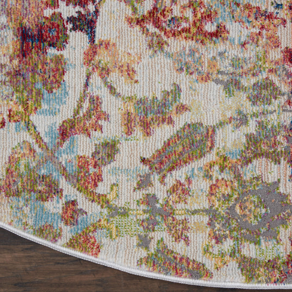 Homeroots 6' Ivory Gray And Orange Floral Distressed Non Skid Round Rug  Polypropylene,Polyester 550920