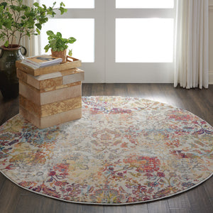 Homeroots 6' Ivory Gray And Orange Floral Distressed Non Skid Round Rug  Polypropylene,Polyester 550920