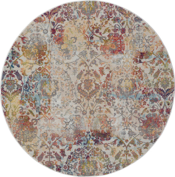 Homeroots 6' Ivory Gray And Orange Floral Distressed Non Skid Round Rug  Polypropylene,Polyester 550920