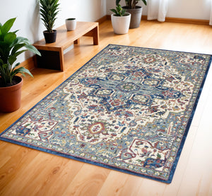 Homeroots 4' X 6' Navy Blue And Ivory Floral Medallion Distressed Non Skid Area Rug  Polypropylene,Polyester 550925