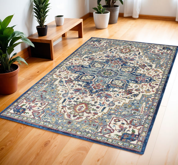 Homeroots 4' X 6' Navy Blue And Ivory Floral Medallion Distressed Non Skid Area Rug  Polypropylene,Polyester 550925