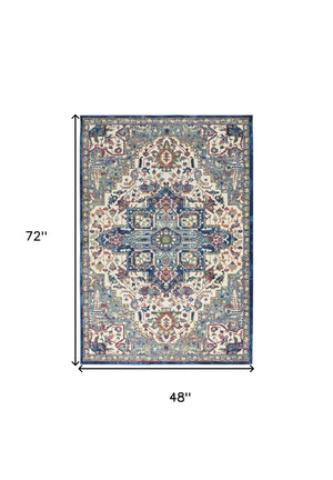 Homeroots 4' X 6' Navy Blue And Ivory Floral Medallion Distressed Non Skid Area Rug  Polypropylene,Polyester 550925