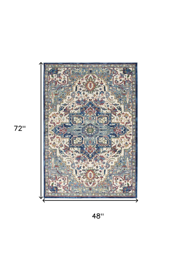 Homeroots 4' X 6' Navy Blue And Ivory Floral Medallion Distressed Non Skid Area Rug  Polypropylene,Polyester 550925