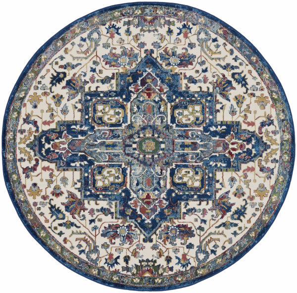 Homeroots 6' Navy Blue And Ivory Floral Medallion Distressed Non Skid Round Rug  Polypropylene,Polyester 550926
