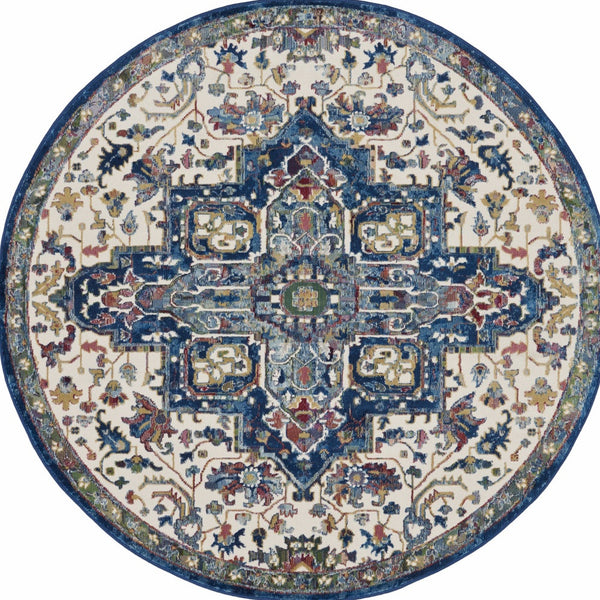 Homeroots 6' Navy Blue And Ivory Floral Medallion Distressed Non Skid Round Rug  Polypropylene,Polyester 550926