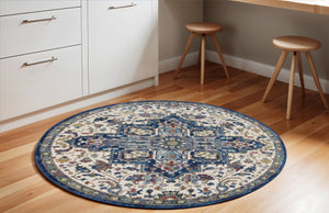 Homeroots 6' Navy Blue And Ivory Floral Medallion Distressed Non Skid Round Rug  Polypropylene,Polyester 550926