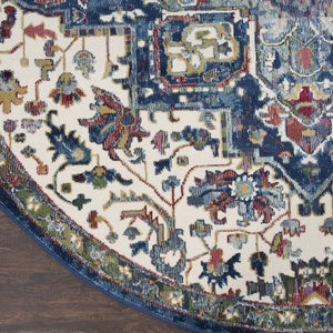 Homeroots 6' Navy Blue And Ivory Floral Medallion Distressed Non Skid Round Rug  Polypropylene,Polyester 550926