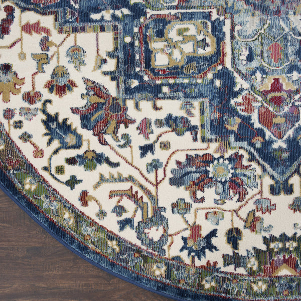 Homeroots 6' Navy Blue And Ivory Floral Medallion Distressed Non Skid Round Rug  Polypropylene,Polyester 550926