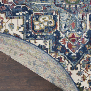 Homeroots 6' Navy Blue And Ivory Floral Medallion Distressed Non Skid Round Rug  Polypropylene,Polyester 550926