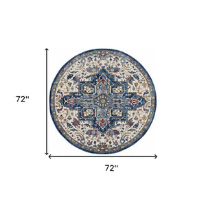 Homeroots 6' Navy Blue And Ivory Floral Medallion Distressed Non Skid Round Rug  Polypropylene,Polyester 550926