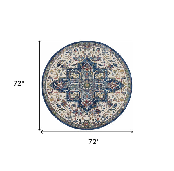 Homeroots 6' Navy Blue And Ivory Floral Medallion Distressed Non Skid Round Rug  Polypropylene,Polyester 550926