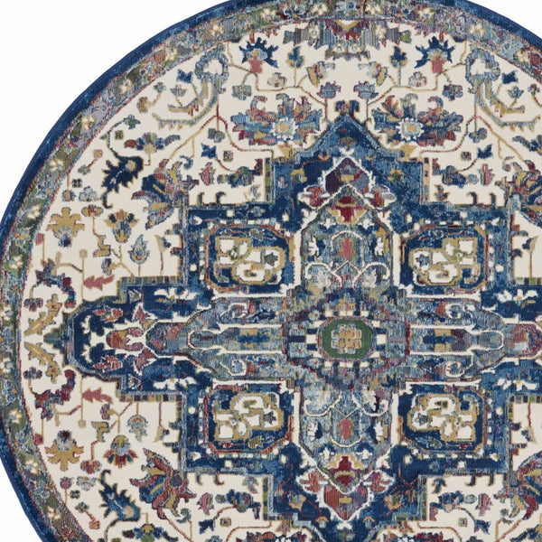Homeroots 6' Navy Blue And Ivory Floral Medallion Distressed Non Skid Round Rug  Polypropylene,Polyester 550926