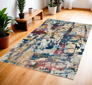 Homeroots 4' X 6' Cream Blue And Green Abstract Distressed Area Rug  Polypropylene 550928