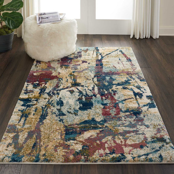 HomeRoots 4' Cream Blue and Green Abstract Distressed Area Rug - Durable Power-Loomed Design for Modern Spaces 4' X 6' 550928