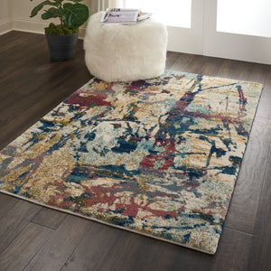 HomeRoots 4' Cream Blue and Green Abstract Distressed Area Rug - Durable Power-Loomed Design for Modern Spaces 4' X 6' 550928