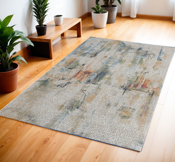 Homeroots 4' X 6' Ivory Blue And Gray Abstract Distressed Non Skid Area Rug  Polypropylene,Polyester 550929