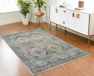 Homeroots 4' X 6' Ivory Blue And Green Floral Distressed Non Skid Area Rug  Polypropylene,Polyester 550931