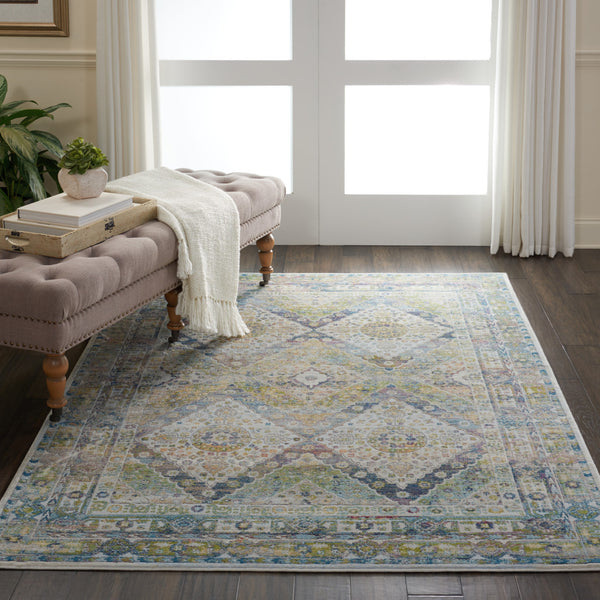 Homeroots 4' X 6' Ivory Blue And Green Floral Distressed Non Skid Area Rug  Polypropylene,Polyester 550931
