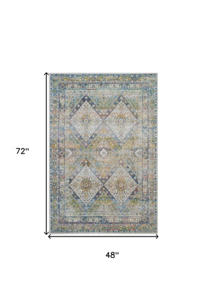 Homeroots 4' X 6' Ivory Blue And Green Floral Distressed Non Skid Area Rug  Polypropylene,Polyester 550931
