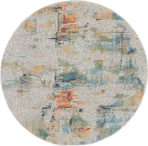 Homeroots 6' Ivory Blue And Gray Abstract Distressed Non Skid Round Rug  Polypropylene,Polyester 550932