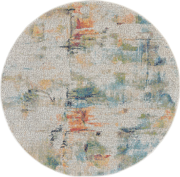 Homeroots 6' Ivory Blue And Gray Abstract Distressed Non Skid Round Rug  Polypropylene,Polyester 550932
