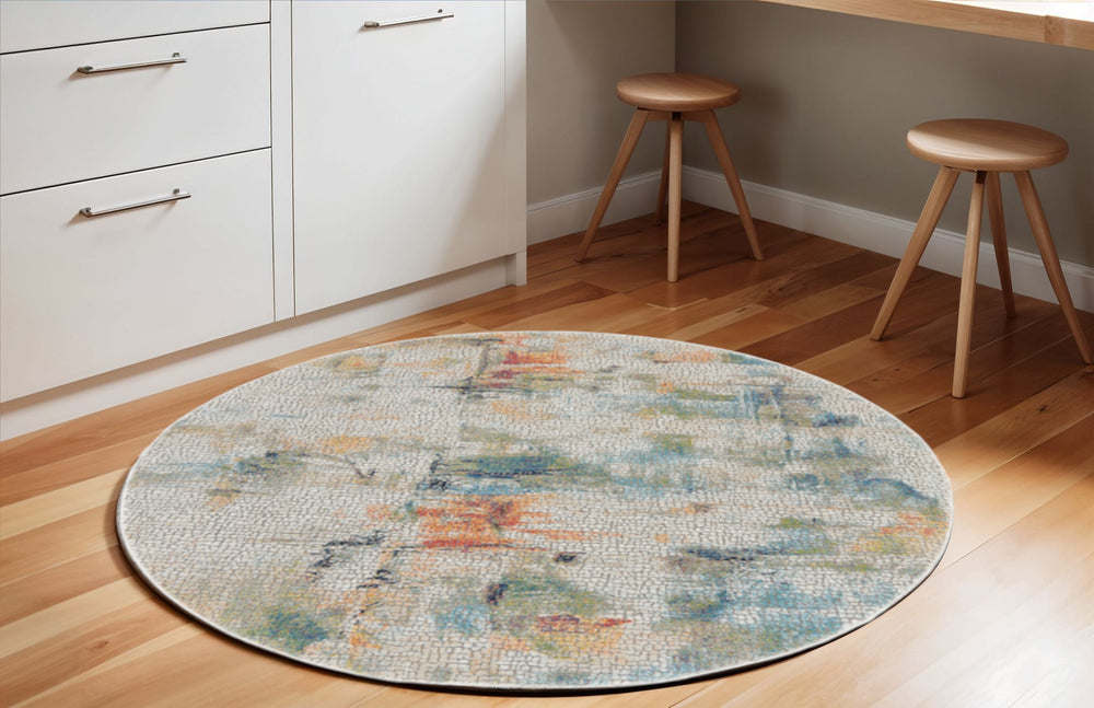 Homeroots 6' Ivory Blue And Gray Abstract Distressed Non Skid Round Rug  Polypropylene,Polyester 550932