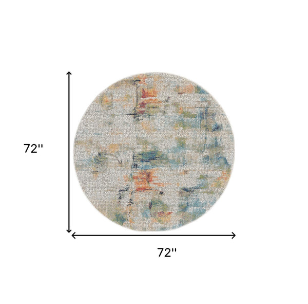 Homeroots 6' Ivory Blue And Gray Abstract Distressed Non Skid Round Rug  Polypropylene,Polyester 550932