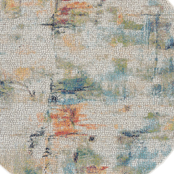 Homeroots 6' Ivory Blue And Gray Abstract Distressed Non Skid Round Rug  Polypropylene,Polyester 550932